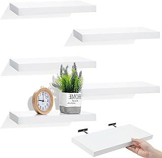 Photo 1 of 10 Pcs White Floating Shelves Wall Mounted 17 x 6 Inch Rustic Wood Wall Shelves Wooden Floating Shelves Hanging Picture Ledge Shelf for Storage Bathroom Bedroom Nursery Room Kitchen Wall Decor