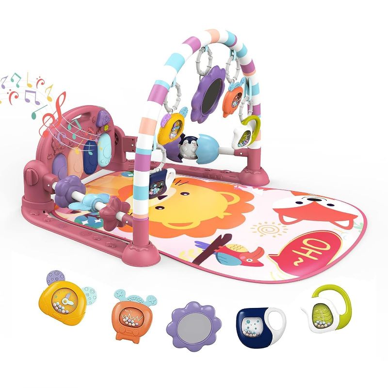 Photo 1 of Baby Play Mat Baby Gym,Funny Play Piano Tummy Time Baby Activity Gym Mat with 5 Infant Learning Sensory Baby Toys, Music and Lights Boy & Girl Gifts for Newborn Baby 0 to 3 6 9 12 Months (New Pink)
