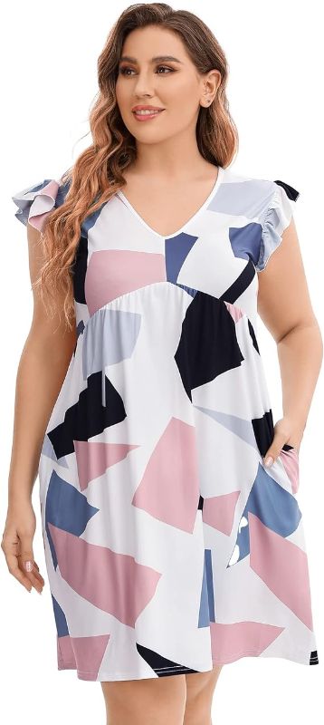 Photo 1 of AMZ PLUS Women Plus Size Summer Casual T Shirt Dress Short Sleeve V Neck Loose Swing Midi Dress with Pockets- 2XL 
