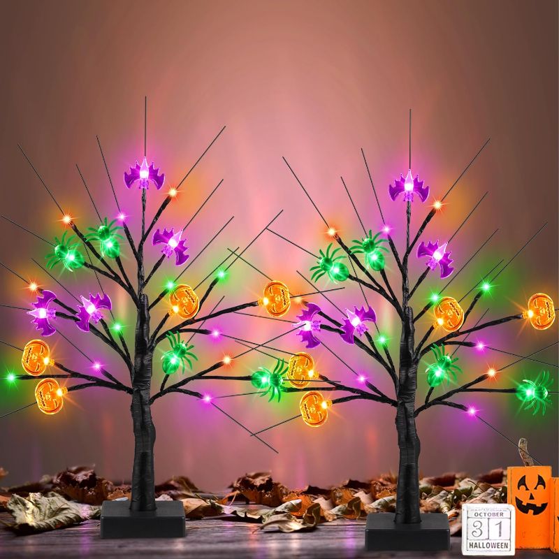 Photo 1 of 2 Pack 18 Inch Black Halloween Tree Decor with Pumpkin Bat Spider Lights, Timer/USB/Battery Operated Spooky Halloween Table Decorations Lighted Birch Tree Indoor Halloween Decorations for Home Party

