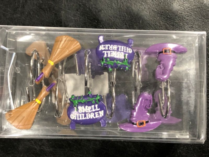Photo 2 of (2 packs) of 12PCS Witchy Halloween Decorative Shower Curtain Hooks Rings Bathroom Decorations Accessories, Rustproof Metal & Hand Painted Resin, Witch’s Cauldrons Hat Brooms Spooky Wizardry Halloween Shower Hooks 12 Purple