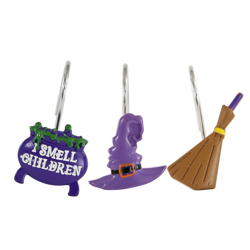 Photo 1 of 12PCS Witchy Halloween Decorative Shower Curtain Hooks Rings Bathroom Decorations Accessories, Rustproof Metal & Hand Painted Resin, Witch’s Cauldrons Hat Brooms Spooky Wizardry Halloween Shower Hooks 12 Purple