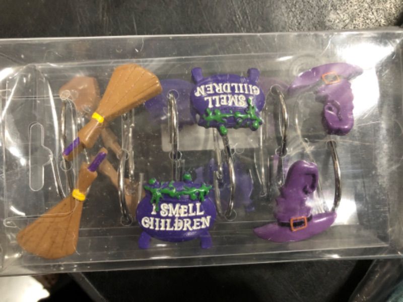 Photo 1 of 12PCS Witchy Halloween Decorative Shower Curtain Hooks Rings Bathroom Decorations Accessories, Rustproof Metal & Hand Painted Resin, Witch’s Cauldrons Hat Brooms Spooky Wizardry Halloween Shower Hooks 12 Purple