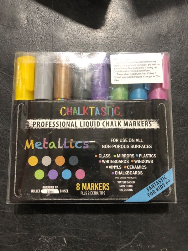 Photo 2 of Chalktastic Chalk Markers, Chalkboard Markers with Reversible 7mm Fine or Chisel Tip, Erasable Liquid Chalk Markers for Menu Board, Glass, Blackboard, Window, Signs, Bistro, Car - 8 Pack Metallic Metallic - 8 Pack