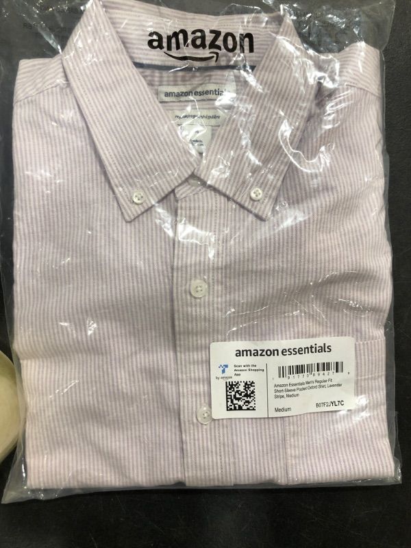 Photo 1 of Amazon Essentials Men's Regular-Fit Short-Sleeve Pocket Oxford Shirt Medium Lavender Stripe