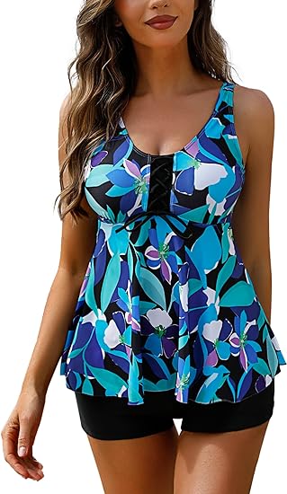 Photo 1 of Ethlauff Modest Swimsuits for Women Two Pieces Tankini Bathing Suits with Boyshorts - 2XL
