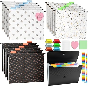 Photo 1 of NIDYEH Expanding File Folder with 13 Pockets Accordian File Holder Organizer, Hanging File Folder 15 Pack with 75 File Folder Tabs, for Letter Size, 2 Pack of Sticky Notes