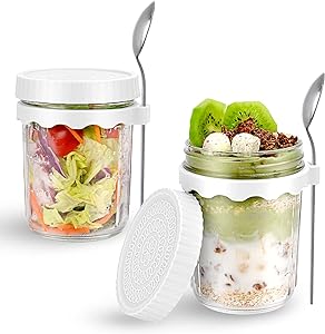 Photo 1 of 2Pack Overnight Oats Containers with Lids and Spoon,16 oz Overnight Oats Jars Glass Oatmeal Meal Prep Containers Reusable for Chia Pudding Yogurt Fruit Salad Dessert Snacks Breakfast Cereal Cups On the Go,Suitable for Home,Companies,Work and Travel 