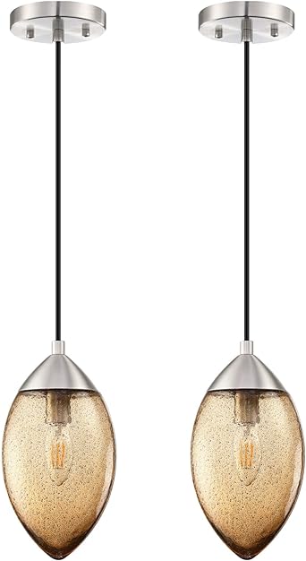 Photo 1 of 2 Pack 1 Light Hanging Indoor Kitchen Island Pendant Lights 5.5" Black Seeded Handicraft Gold Rugby Glass Pendant Light Fixtures Brushed Nickel Finish Modern Farmhouse Dinning Over Sink