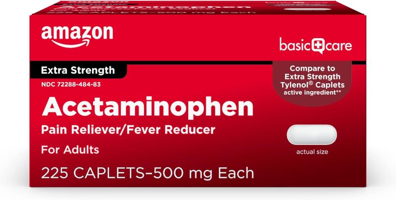 Photo 1 of 2 BOXES Amazon Basic Care Extra Strength Pain Relief, Acetaminophen Caplets, 500 mg, 225 Count 225 Count (Pack of 1) Extra Strength