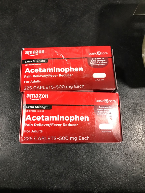 Photo 2 of 2 BOXES Amazon Basic Care Extra Strength Pain Relief, Acetaminophen Caplets, 500 mg, 225 Count 225 Count (Pack of 1) Extra Strength