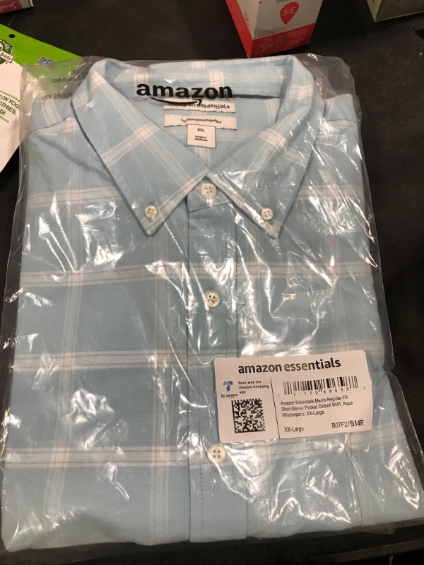 Photo 2 of Amazon Essentials Men's Regular-Fit Short-Sleeve Pocket Oxford Shirt XX-Large Aqua Blue Windowpane