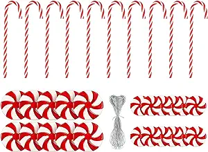 Photo 1 of 30 Pieces Candy Cane Christmas Tree Decorations Candy Peppermint Hanging Ornaments for Xmas Craft Party Holiday Decorative Supplies, Include 109 Yards Crafts Metallic Cord