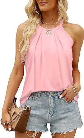 Photo 1 of Eachyes Womens Halter Tops Summer Sleeveless Flowy Loose Fit Pleated Tank Top and Blouses SIZE L