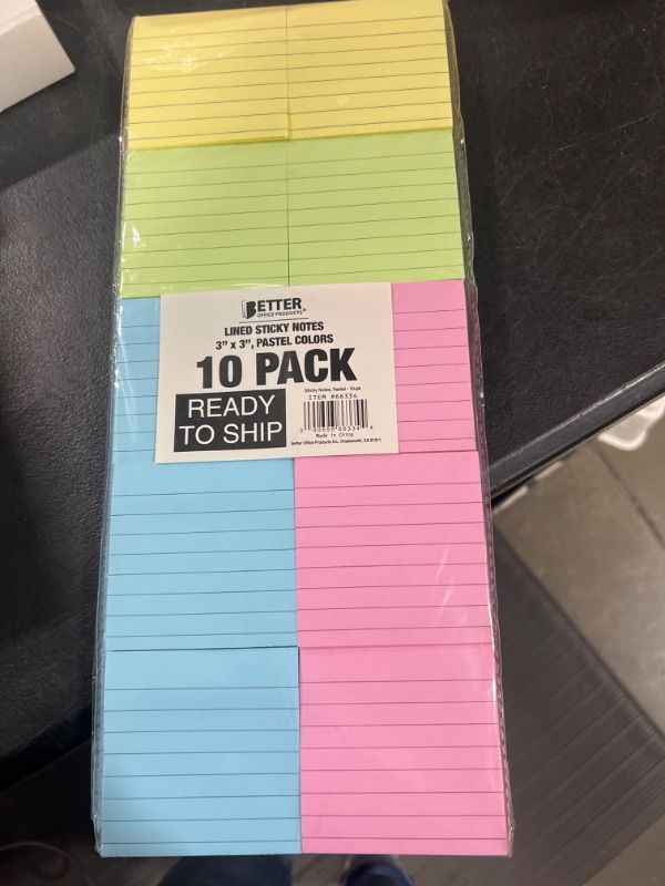 Photo 1 of Lined Sticky Notes 3 x 3, 10 Pack, 1,000 Sheets (100/Pad), Self Stick Notes with Lines, Assorted Pastel Colors, by Better Office Products, Post Memos, Strong Adhesive, 10 Pads