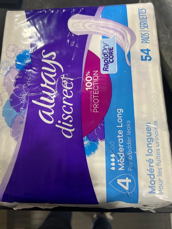 Photo 2 of Always Discreet, Incontinence & Postpartum Pads For Women, Size 4, Moderate Absorbency, Long Length, 54 Count