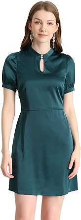 Photo 1 of Allegra K Women's Work Elegant Choker Neck Dresses Belt Waist Short Sleeves Satin Mini Dress SIZE S