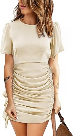 Photo 1 of BLENCOT Women's Sexy Puff Short Sleeve Ruched Bodycon Side Ruffle Club Mini Dress  SIZE XL 