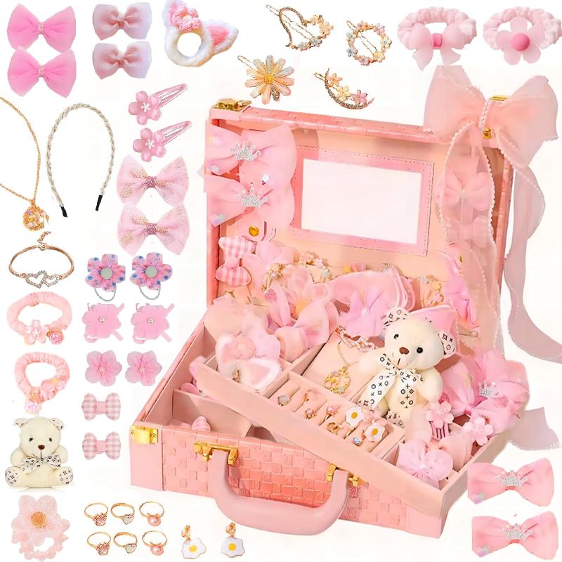 Photo 1 of PLIOPYIK Girls Hair Accessories Set With Double Layer Jewelry Box, Including Hair Clips, Hair Ties