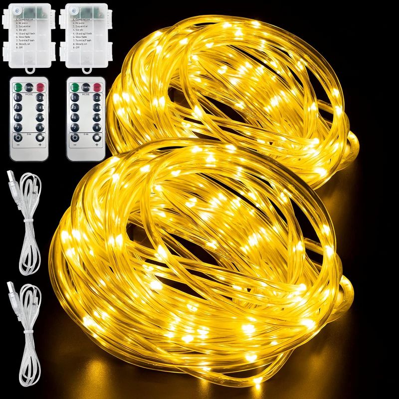 Photo 1 of 2 Pack Rope Lights, 66Ft 200 LED Waterproof Indoor Rope Lights, Battery Powered Trampoline Lights 8 Mode Fairy Lights USB Powered String Lights with Remote for Camping Pool Party Outdoor Lights Decor