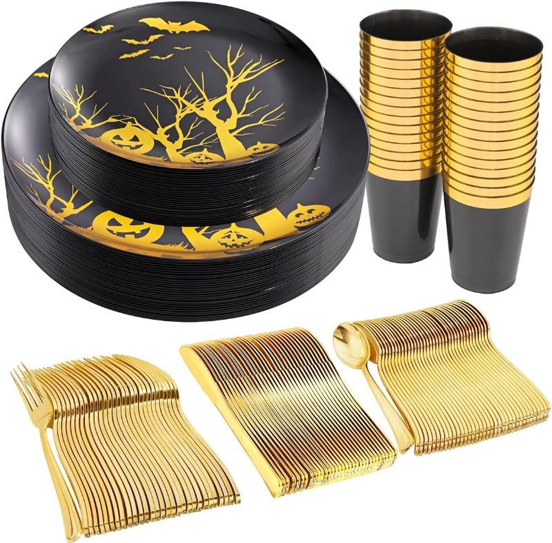 Photo 1 of Supernal 180pcs Halloween Black Plastic Dinnerware,Black and Gold Plastic Plates,Black Plastic Plates with Halloween Theme,Gold Plastic Silverware,Black Plastic Cups Special for Halloween Party