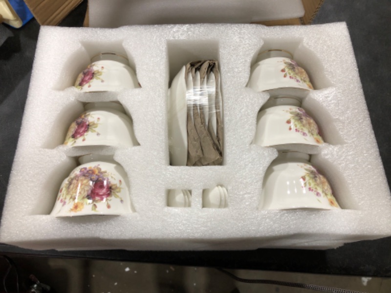 Photo 2 of Foraineam Tea Cups and Saucers Set of 6, Floral Tea Cup Set with Gold Trim, 6 oz Porcelain Ivory Coffee Cups with Saucers and Spoons, Latte Cups and Espresso Mug for Coffee Drinks and Tea