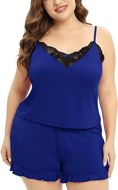 Photo 1 of !!NOT BLUE STE IS BLACK!!
 Women's Plus Size Pajama Set Lace Cami PJ Set Sexy Cami Shorts Set Two Piece Sleep Set Summer Lounge Set Sleepwear SIZE 2XL