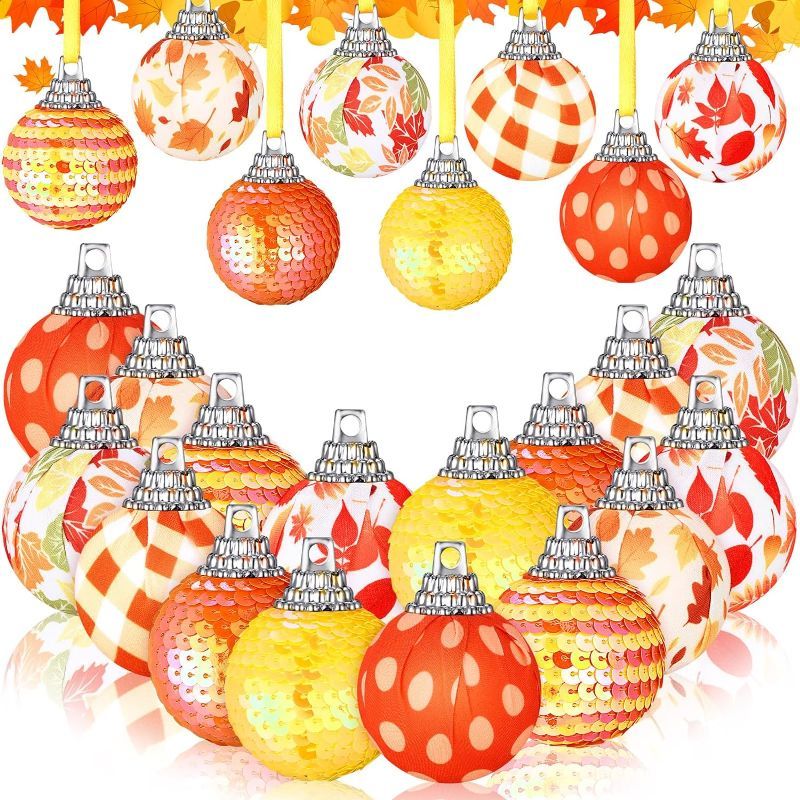 Photo 1 of 24 Pieces Fall Thanksgiving Tree Sequin Balls Ornaments Glitter Fall Hanging Balls Fabric Wrapped Balls for Autumn Thanksgiving Halloween Tree Decor Holiday Party Wedding Decoration