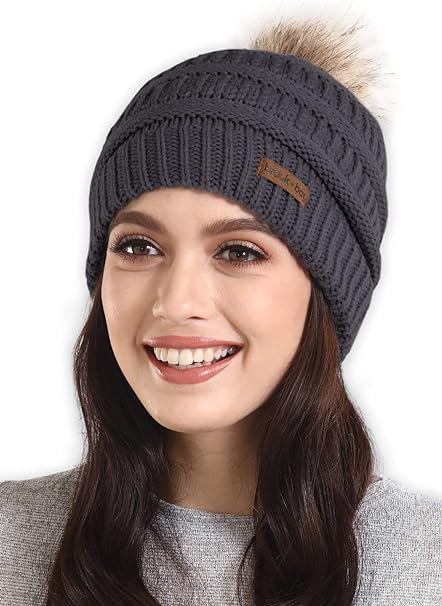 Photo 1 of Brook + Bay Pom Pom Beanie Winter Hat for Women - Faux Fur Pompom Warm Chunky Soft Cable Knit Hats - Cold Weather Knitted Cap
