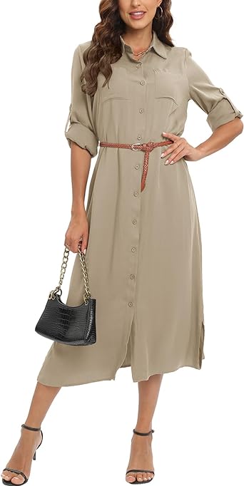 Photo 1 of ETOSELL Women's Dresses Elegant Casual Button Down Rolled-Up Sleeve Maxi Flowy Slit Long Shirt Dress with Belt SIZE S