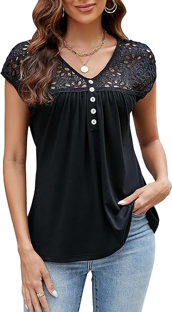 Photo 1 of BMJL Womens Dressy Casual Tops Lace Round Neck Short Sleeve Shirts Crochet Eyelet Summer Blouses SIZE S