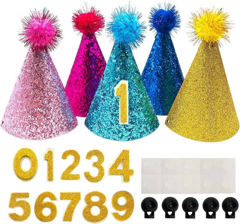 Photo 1 of PET SHOW 5pcs Small Dog Birthday Hat Set for Boys Girls Medium Dogs Cat Kitten Puppies Party Hats with 0-9 Numbers 10 Glue Grooming Accessories