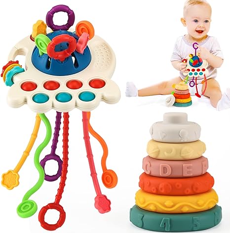 Photo 1 of Baby toys for 6 to 12 Months Sensory Montessori Toys for 1 Year Old, Pull String & Stacking Toys for Early Development, Teething Travel Toys for Car Seat, Gifts for Infant 8 9 12 18 Months Toddler 1 2