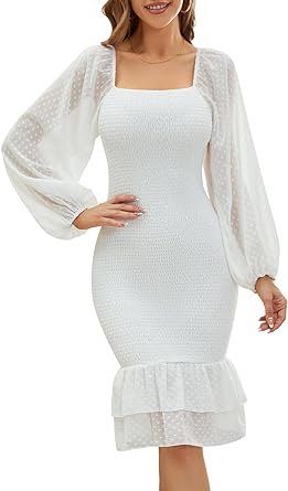 Photo 1 of FARORO Women Bodycon Sexy Party Dresses - Casual Dresses Puff Sleeve White Smocked Fall Winter Midi Dress SIZE M