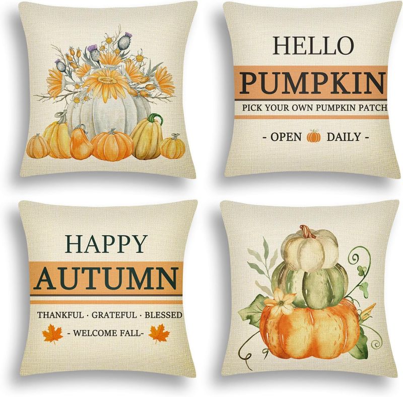 Photo 1 of ARTHMOM Fall Pillow Covers 18x18 Set of 4 for Fall Decor, Hello Pumpkin Happy Autumn Decorative Throw Pillow Covers Thanksgiving Yellow Farmhouse Pillowcase for Outdoor Home Sofa 