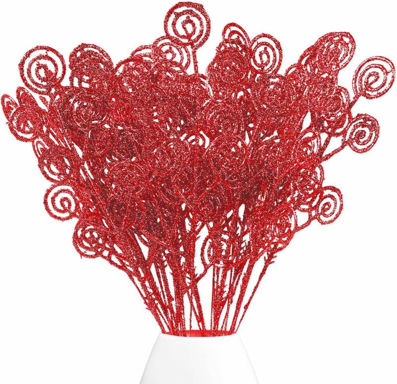 Photo 1 of 32 Pcs Red Glitter Christmas Picks Christmas Tree Filler Branches, Candy Christmas Tree Sticks for Xmas Floral Picks Sprays Crafts Party Festive Home Tree Decorations
