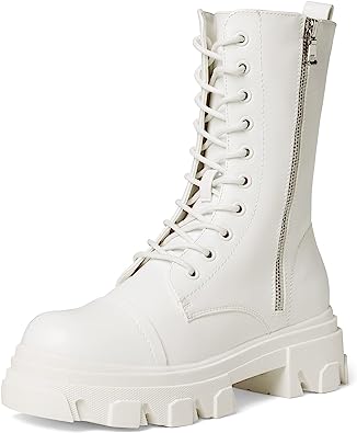 Photo 1 of  Women’s Combat Boots Lace up Mid Calf Boots Low Heel Chunky Platform Lug Sole Boots WHITE BY READYSALTED 