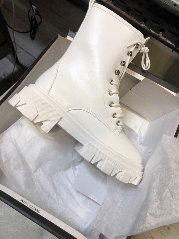 Photo 2 of  Women’s Combat Boots Lace up Mid Calf Boots Low Heel Chunky Platform Lug Sole Boots WHITE BY READYSALTED 