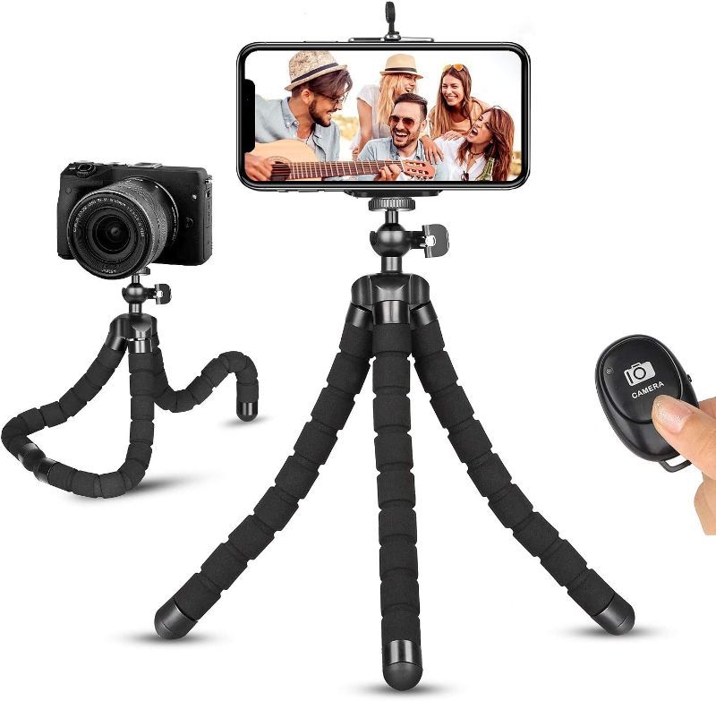 Photo 1 of Phone Tripod, Portable and Flexible Phone Tripod with Wireless Remote and Universal Clip, Adjustable Camera Tripod Compatible with iPhone Android Gopro Camera