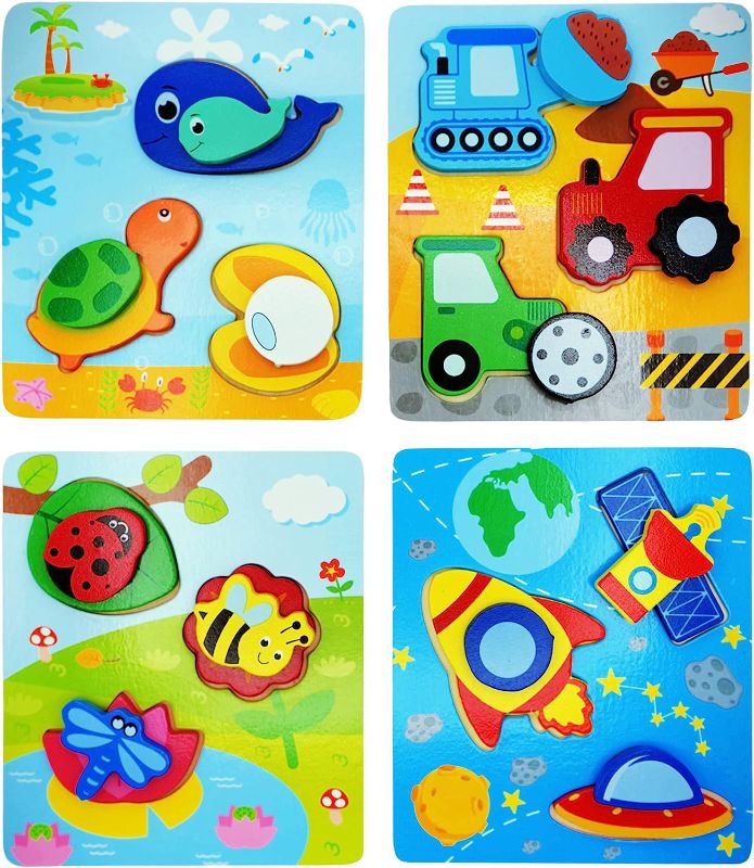 Photo 1 of 4-Pack 2 Layer Puzzles for Toddlers Ages 1-4,Matching Animals,Vehicles & Shapes, Educational Fun Preschool Toys for Toddlers, Montessori Toys, Color & Pattern Recognition