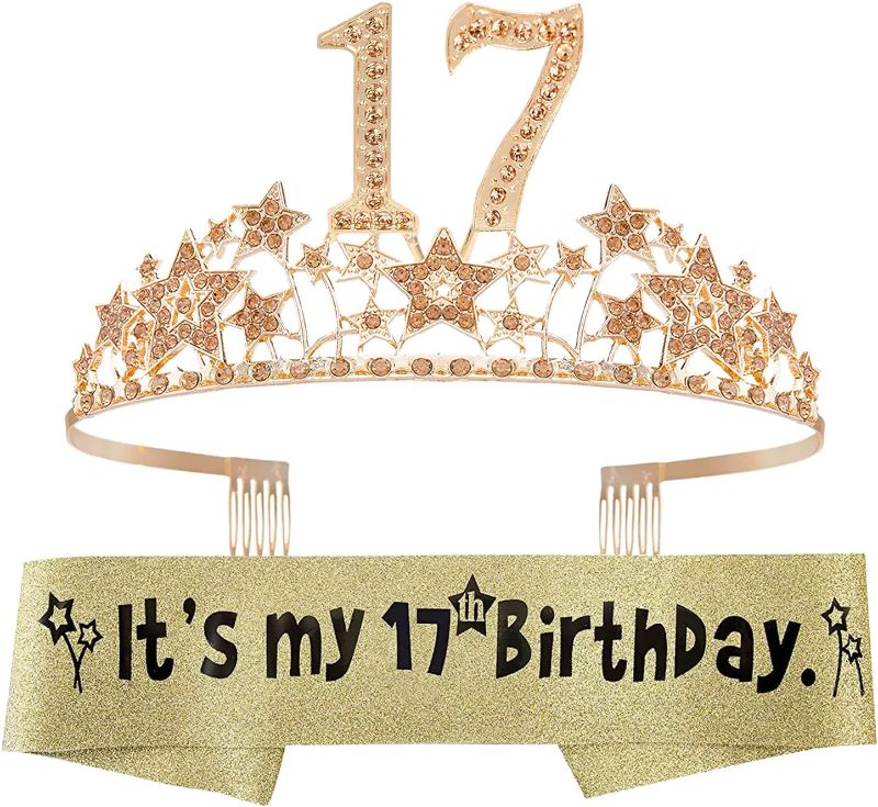 Photo 1 of EBE EmmasbyEmma 17th Birthday Sash and Tiara for Girls - Fabulous Set: Glitter Sash + Starry Sky Rhinestone Gold Premium Metal Tiara, 17th Birthday Gifts for Teenegers Party
