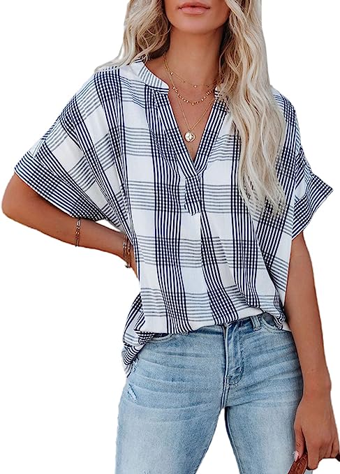 Photo 1 of AlvaQ Women Summer V Neck Chiffon Blouses Casual Loose Tunic Short Sleeve Tops- SIZE  L 
