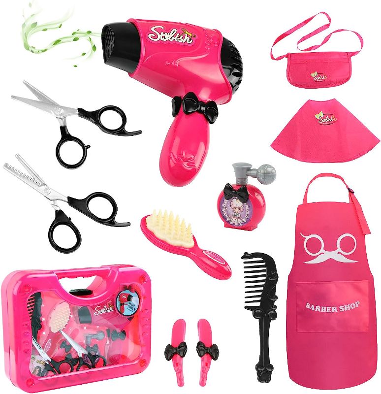 Photo 1 of Hapgo Girls Beauty Salon Set Pretend Play Stylist Hair Cutting Kit Hairdresser Toys with Hair Dryer, Scissors, Barber Apron and Styling Accessories
