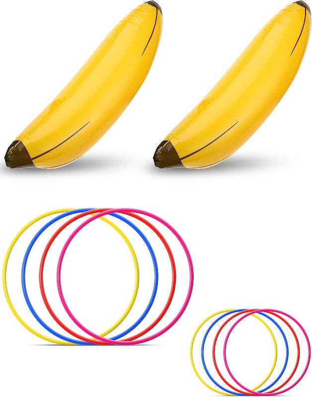 Photo 1 of 10 Pieces Bachelorette Party Game and swimming pool Inflatable Banana Ring Toss Game Kit, Include 2 Pieces Banana with 8 Pieces Plastic Toss Rings for Tossing Games Party and swimming pool Decorations
