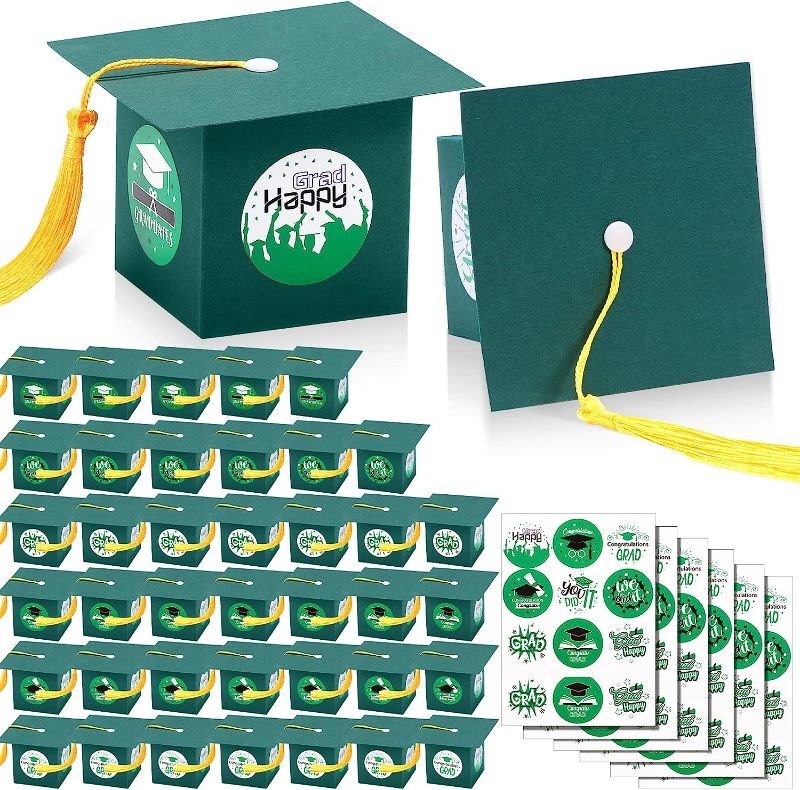 Photo 1 of 100 Pcs Graduation Cap Gift Boxes with Stickers Graduation Candy Box Class of 2023 Graduation Congrats Grad Cap Box for 2023 Graduation Gifts Congratulation Graduation Ceremony Party Decor (Green)
