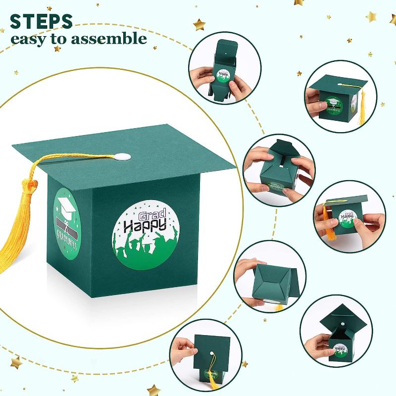 Photo 1 of 100 Pcs Graduation Cap Gift Boxes with Stickers Graduation Candy Box Class of 2023 Graduation Congrats Grad Cap Box for 2023 Graduation Gifts Congratulation Graduation Ceremony Party Decor (Green)
