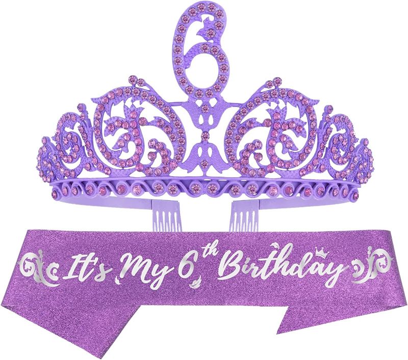 Photo 1 of 6th Birthday Sash and Tiara for Girls - Fabulous Glitter Sash + Forest Rhinestone Purple Premium Metal Tiara for Girls, 6th Birthday Gifts for Princess Party
