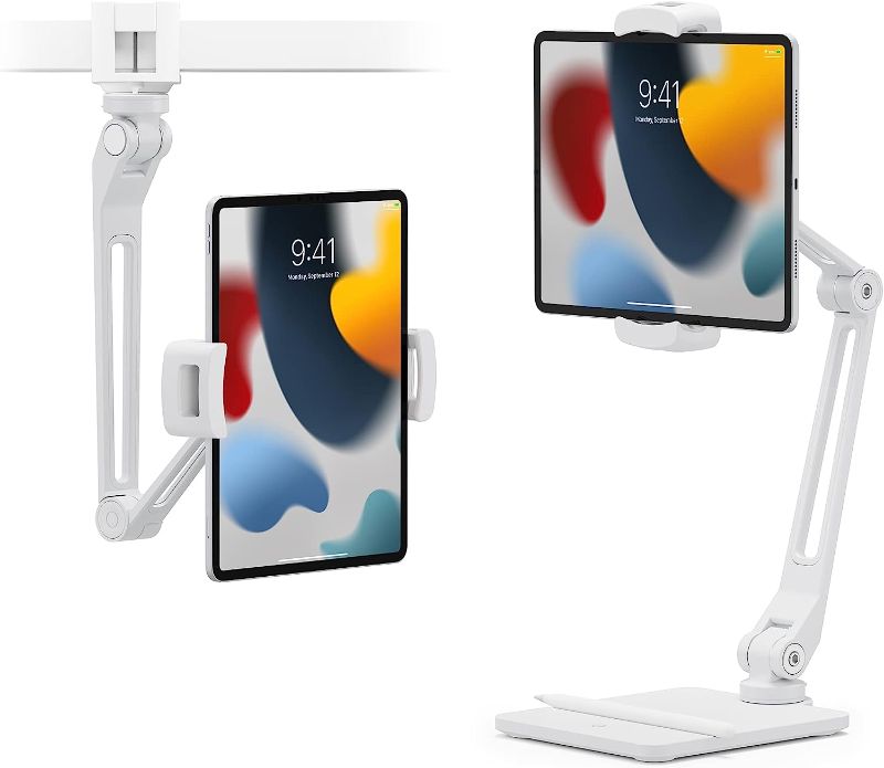 Photo 1 of Twelve South HoverBar Duo (2nd Gen) for iPad / iPad Pro/Tablets | Adjustable Arm with New Quick-Release Weighted Base and Surface Clamp Attachments for Mounting iPad (White)
