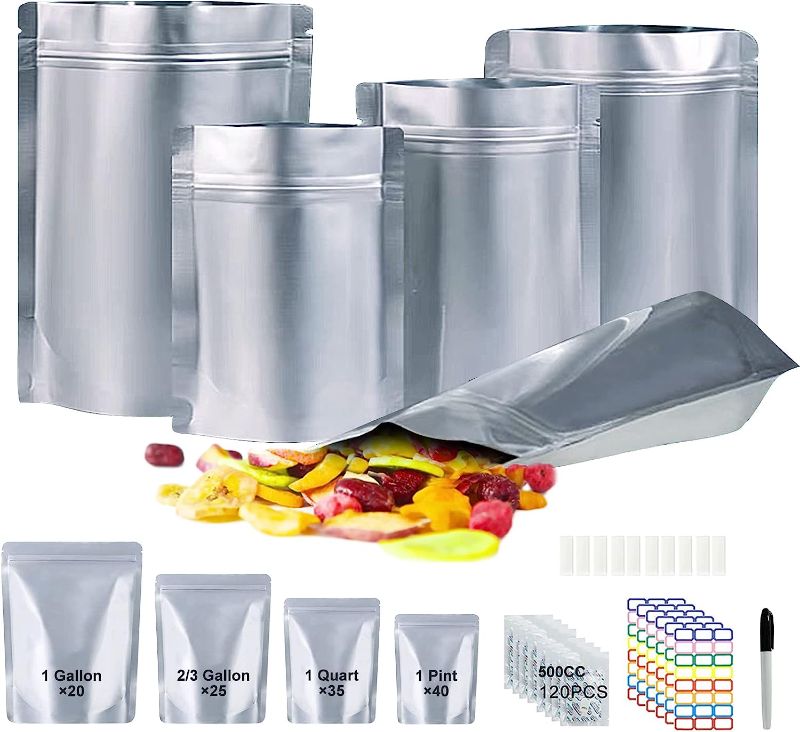 Photo 1 of 120pcs Mylar Bags for Food Storage - 9.5Mil Stand Up Mylar Bags with 500cc Oxygen Absorber, Accessories for Harvest Right Freeze Dryer, Ziploc endurables bags Include 1Gallon, 2/3Gallon, 1Quart, 1 Pint, 120 Labels, 1Pen
