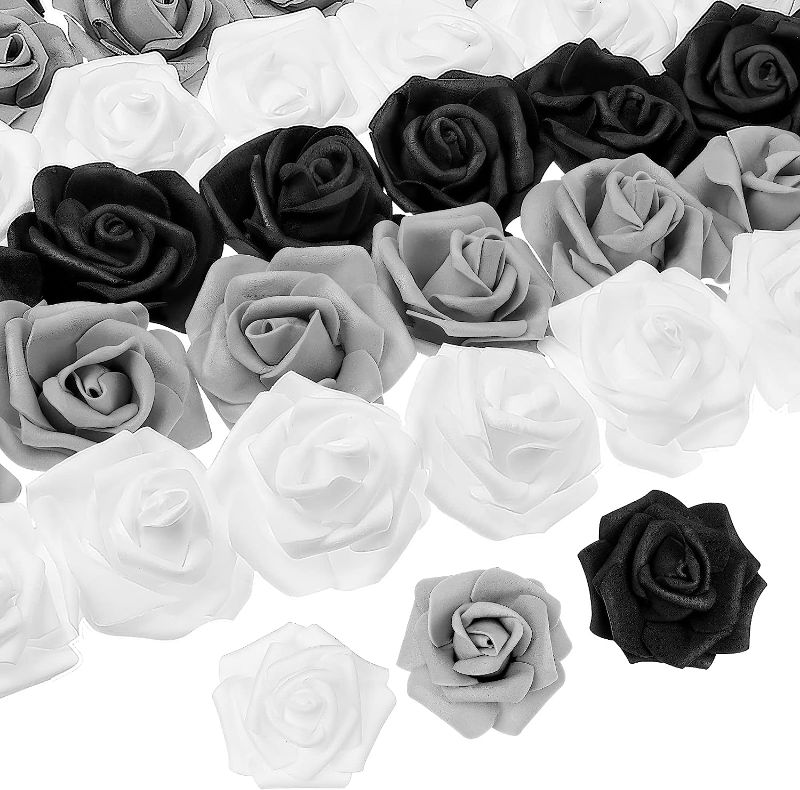 Photo 1 of 200 Pcs Artificial Rose Heads Bulk Real Looking Faux Roses Foam Rose Heads Mini Fake Rose for Bridal Shower Wedding Flower Arrangements Centerpiece Baby Shower DIY (Black, White, Gray, 2.76 Inch)
